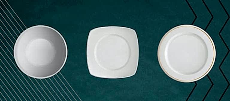 Farklı şekillerde oval yuvarlak ve kare tabak modelleri yan yana. 