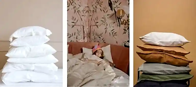 yeni yıkanmış beyaz ve renkli yastıklar ile sırt üstü uyuyan bir kadın
